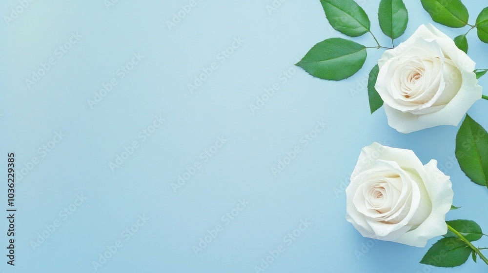 Fototapeta premium Two White Roses on a Blue Background