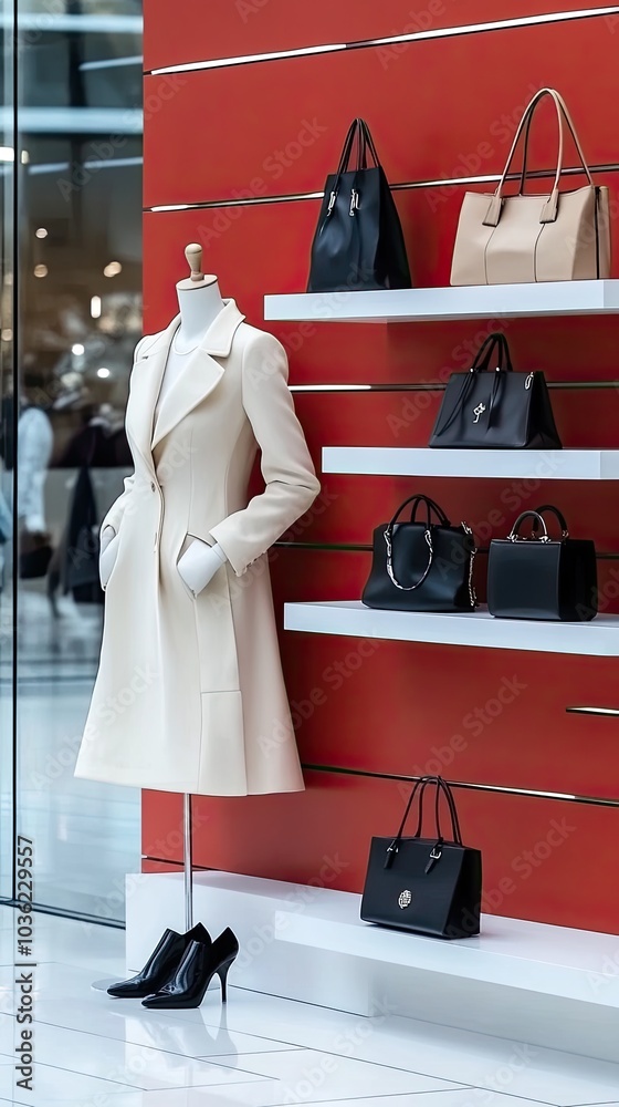 Obraz premium Showcasing fashionable coats, dresses, and accessories in a chic boutique with a vibrant red backdrop and sophisticated lighting