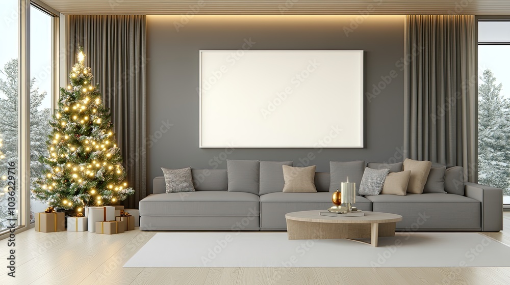 A contemporary vertical frame mockup is displayed against a wooden wall, accompanied by a decorative Christmas tree and candle on a table A contemporary vertical frame mockup is displayed against a wooden wall, accompanied by a decorative Christmas tree and candle on a table