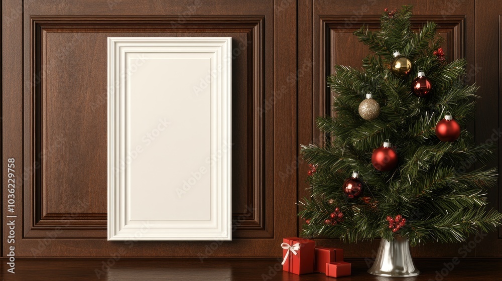 A contemporary vertical frame mockup is displayed against a wooden wall, accompanied by a decorative Christmas tree and candle on a table