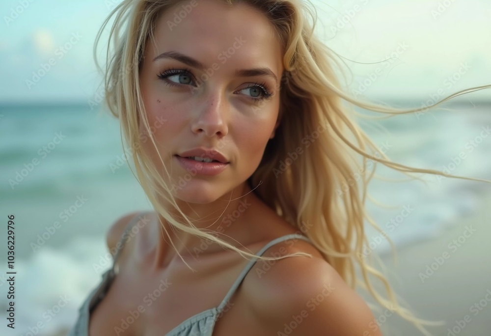 Blonde woman stands by ocean or sea, enjoying sun and surf while wearing a stylish swimsuit, highlighting relaxed beach atmosphere. Beautiful young face. Advertisement for clothes or beach travel. AI Blonde woman stands by ocean or sea, enjoying sun and surf while wearing a stylish swimsuit, highlighting relaxed beach atmosphere. Beautiful young face. Advertisement for clothes or beach travel. AI