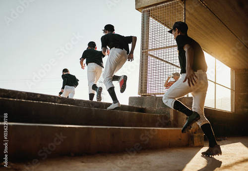 Tableau sur toile Sports, baseball dugout or team running for match game, competition or practice in stadium