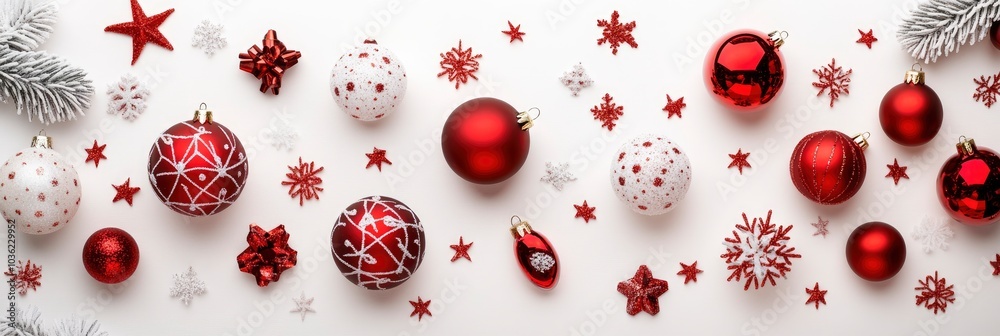 Merry Christmas and Happy Holidays greeting card, frame, banner. New Year. Noel. White Christmas red ribbon gift and ornaments on light background top view. Winter holiday xmas theme. Flat lay , ai Merry Christmas and Happy Holidays greeting card, frame, banner. New Year. Noel. White Christmas red ribbon gift and ornaments on light background top view. Winter holiday xmas theme. Flat lay , ai