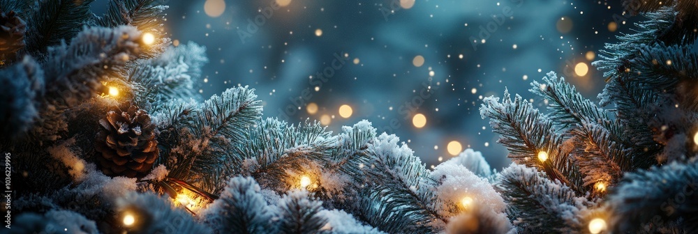 Merry Christmas and Happy Holidays greeting card, frame, banner. New Year. Noel. Snow christmas tree light background. Winter xmas holiday theme. Flat lay, ai Merry Christmas and Happy Holidays greeting card, frame, banner. New Year. Noel. Snow christmas tree light background. Winter xmas holiday theme. Flat lay, ai
