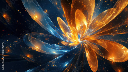 Abstract cosmic flower with glowing orange and blue petals, surrounded by sparkling stars in a deep space background. Copy space photo