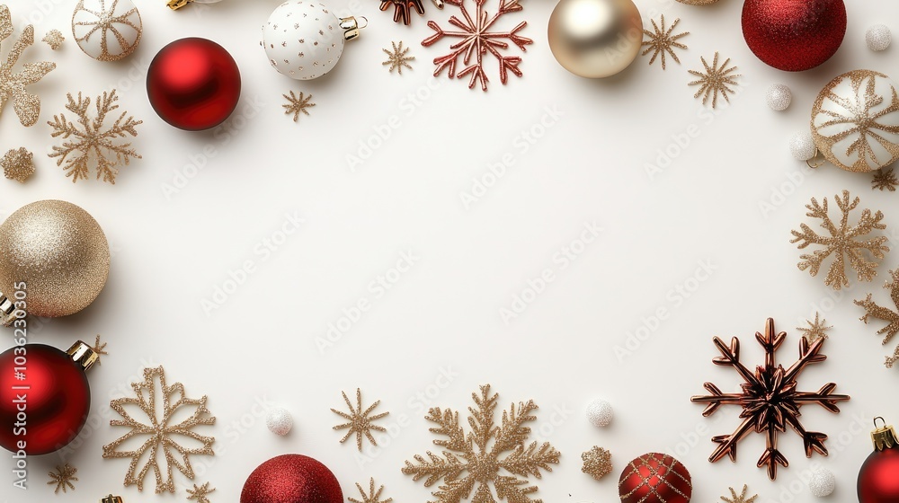 A stylish flat lay features white and gold decorations including snowflakes and ornaments, creating a festive atmosphere for holiday greetings A stylish flat lay features white and gold decorations including snowflakes and ornaments, creating a festive atmosphere for holiday greetings