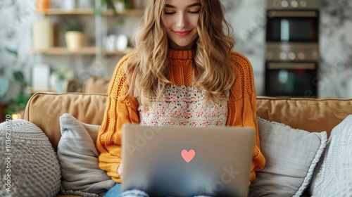 Woman sitting on sofa and checking her social media profile on the laptop