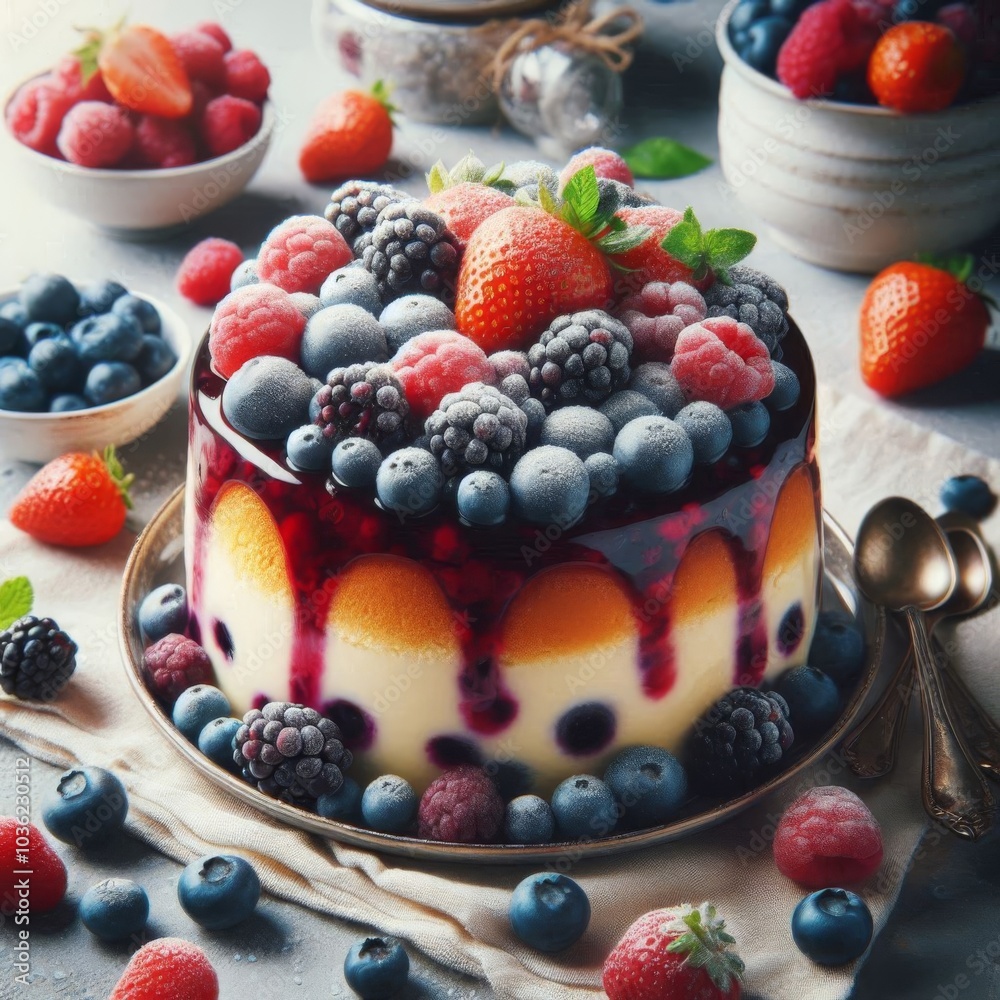 Fresh summer pudding served on a table, bursting with seasonal berries Fresh summer pudding served on a table, bursting with seasonal berries