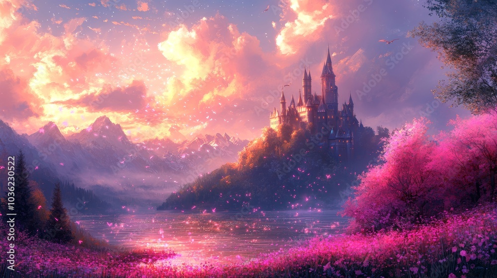 Naklejka premium Pink castle with delicate magical flowers blooming around, shimmering under a twilight sky, fantasy style, glowing hues, digital painting, high detail, mystical