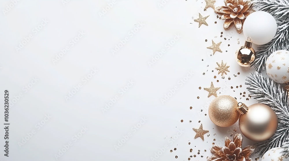 A stylish flat lay features white and gold decorations including snowflakes and ornaments, creating a festive atmosphere for holiday greetings A stylish flat lay features white and gold decorations including snowflakes and ornaments, creating a festive atmosphere for holiday greetings