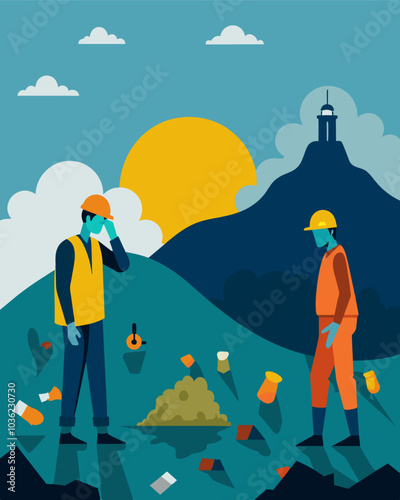 Despite the unpleasant smell and conditions the workers at the landfill mining site were motivated by the potential value they could uncover from the old waste.. Vector illustration