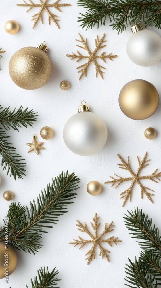 A stylish flat lay features white and gold decorations including snowflakes and ornaments, creating a festive atmosphere for holiday greetings A stylish flat lay features white and gold decorations including snowflakes and ornaments, creating a festive atmosphere for holiday greetings
