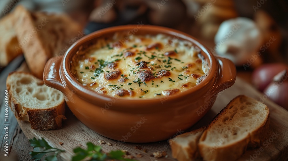 A warm bowl of French onion soup, topped with golden melted cheese and served with crispy baguette slices on the side, creating a cozy and comforting image of French culinary tradition A warm bowl of French onion soup, topped with golden melted cheese and served with crispy baguette slices on the side, creating a cozy and comforting image of French culinary tradition