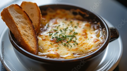  A warm bowl of French onion soup, topped with golden melted cheese and served with crispy baguette slices on the side, creating a cozy and comforting image of French culinary tradition