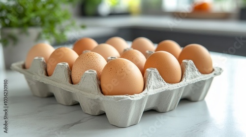 Modern biodegradable egg cartons made from sustainable materials, with eggs placed inside, on a clean, white surface with natural lighting photo