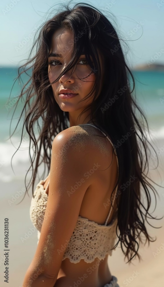 A brunette woman in a swimsuit gazes back while standing near the shoreline. Gentle sea waves lap at her feet under a clear blue sky. Long hair, beautiful young face. Travel and clothing adverts. AI A brunette woman in a swimsuit gazes back while standing near the shoreline. Gentle sea waves lap at her feet under a clear blue sky. Long hair, beautiful young face. Travel and clothing adverts. AI