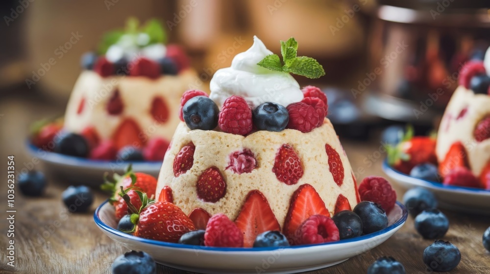 Fresh summer pudding served on a table, bursting with seasonal berries Fresh summer pudding served on a table, bursting with seasonal berries