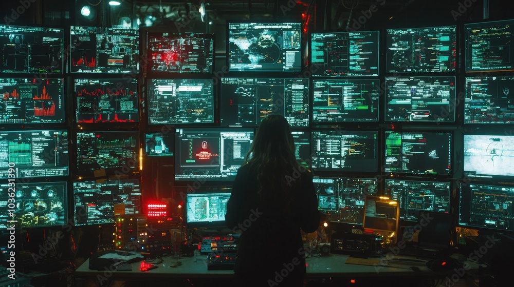 A cybercriminal conducts a ransomware attack from a dimly lit, isolated room filled with multiple computer screens displaying data streams A cybercriminal conducts a ransomware attack from a dimly lit, isolated room filled with multiple computer screens displaying data streams