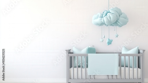 A minimalist contemporary nursery featuring a dove gray crib and pale blue mobile against a sleek white wall for a serene atmosphere photo