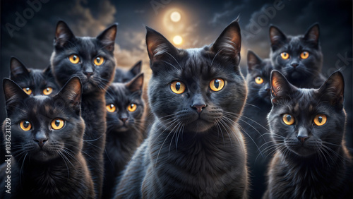 Group of black cats with glowing yellow eyes in a mysterious night setting