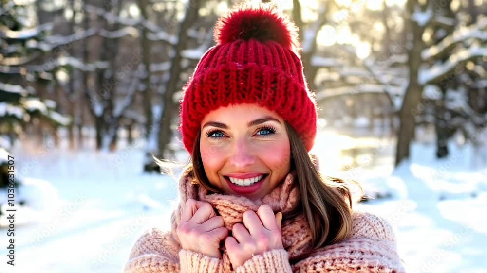 Cheerful woman in a woolen hat and scarf, embracing a frosty day in a snowy park. Cheerful woman in a woolen hat and scarf, embracing a frosty day in a snowy park.
