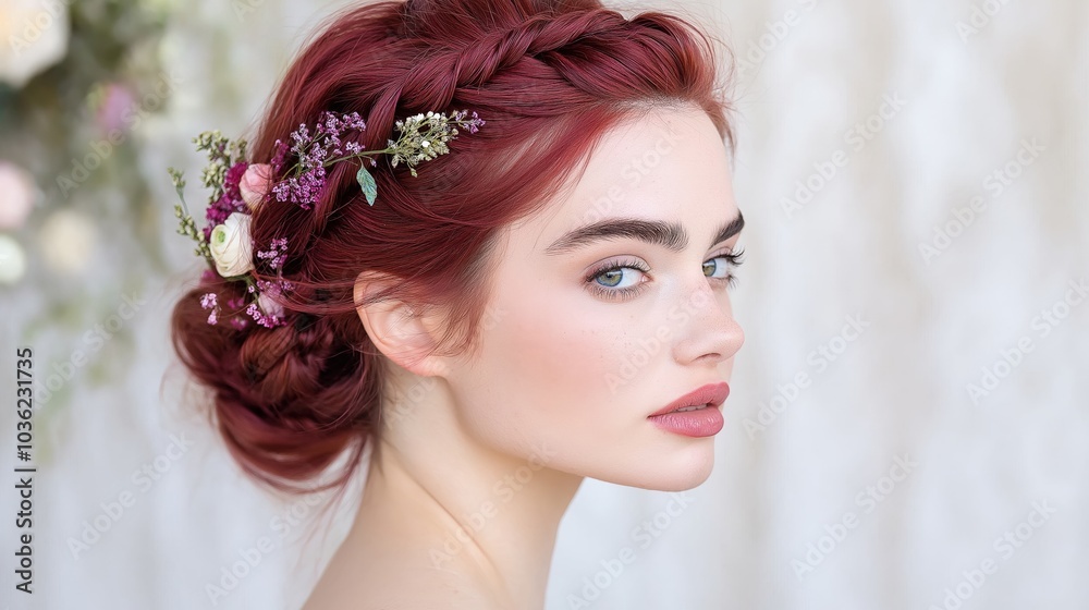 A stunning halo braid in rich burgundy hair adorned with floral decorations against a soft beige background A stunning halo braid in rich burgundy hair adorned with floral decorations against a soft beige background
