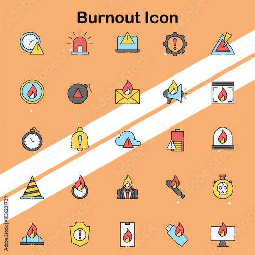 Set of burnout icons illustrating mental health and wellness issues perfect for awareness and health themes.