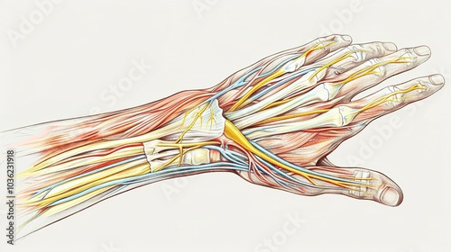 Detailed anatomical illustration of a human hand and forearm showcasing the interconnectedness of muscles, tendons, nerves, and veins.