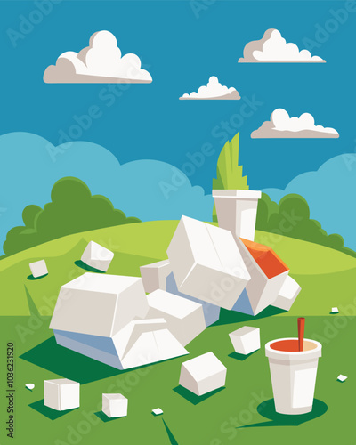 Clumps of styrofoam packaging strewn across a grassy median an eyesore in an otherwise picturesque scene.. Vector illustration