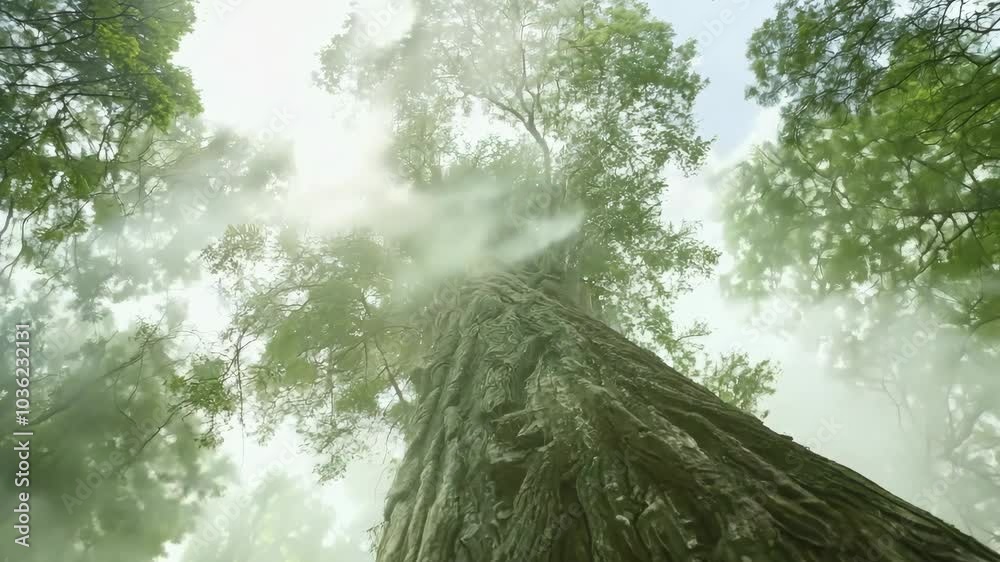 Towering sequoia tree in morning mist, Video