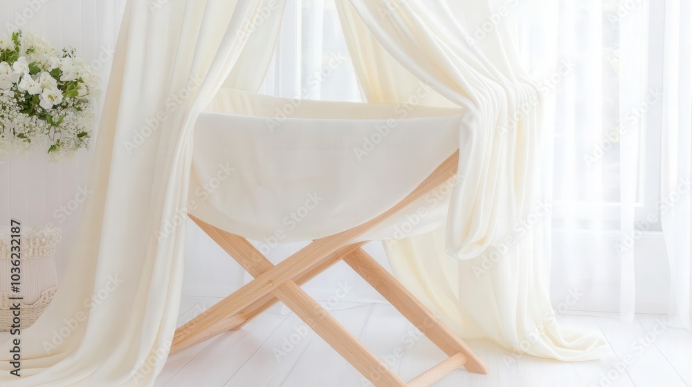 Soft gray minimalist cradle in a sunlit room with sheer white curtains enhancing a serene atmosphere Soft gray minimalist cradle in a sunlit room with sheer white curtains enhancing a serene atmosphere