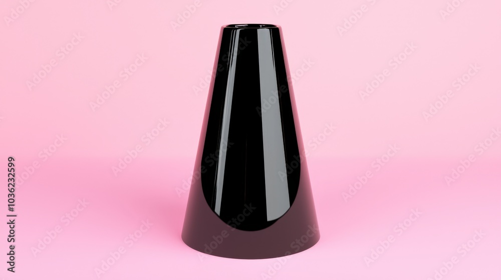 A polished black cone with a metallic sheen stands elegantly against a bright peach background, showcasing modern design and aesthetic simplicity A polished black cone with a metallic sheen stands elegantly against a bright peach background, showcasing modern design and aesthetic simplicity