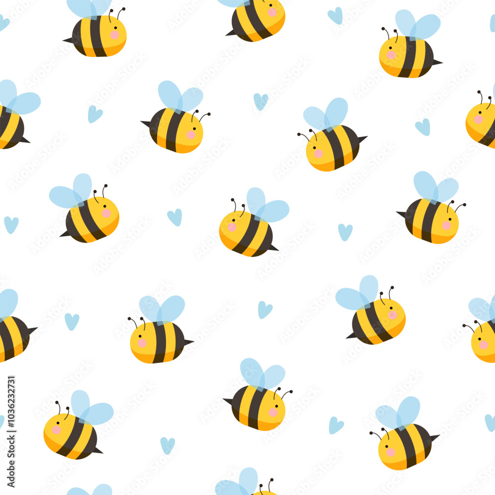 Cute cartoon bees with minimalistic blue hearts shape on white background. Cute cartoon bees with minimalistic blue hearts shape on white background.