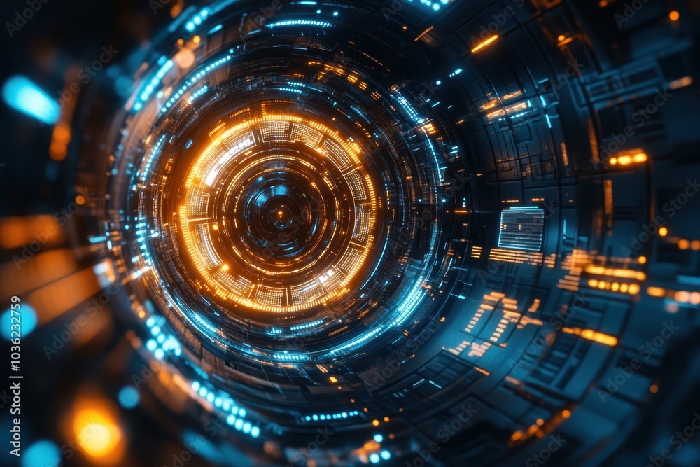 A futuristic digital tunnel illuminated with blue and orange lights represents advanced technology and innovation in a virtual environment A futuristic digital tunnel illuminated with blue and orange lights represents advanced technology and innovation in a virtual environment