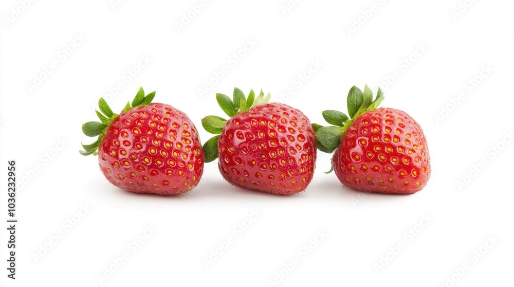 Three Fresh Red Strawberries with Green Leaves on a White Background Three Fresh Red Strawberries with Green Leaves on a White Background