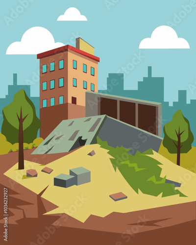 Empty lots are a common sight where buildings once stood but have since been demolished due to disrepair.. Vector illustration