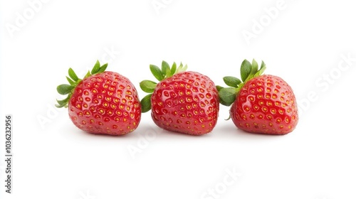 Three Fresh Red Strawberries with Green Leaves on a White Background