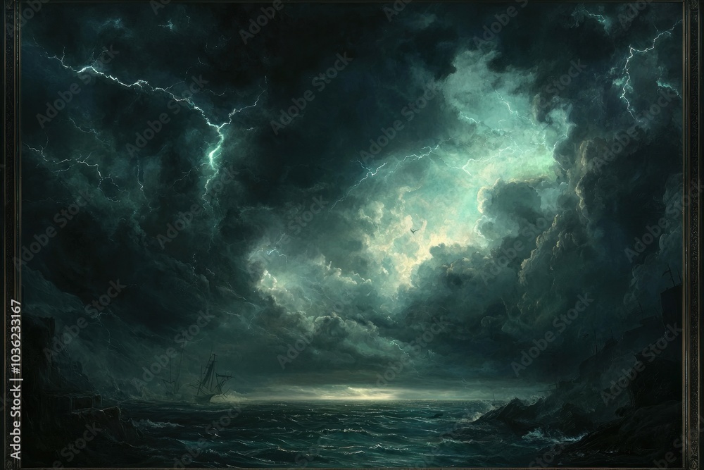 A Ship Navigating Stormy Seas Under a Lightning-Filled Sky A Ship Navigating Stormy Seas Under a Lightning-Filled Sky