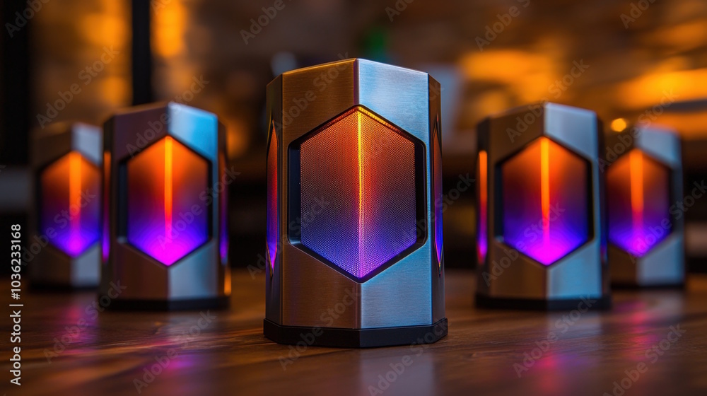 Brushed metal silver hexagonal prism on a vibrant orange background showcasing intricate design elements