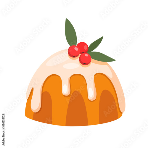 Yummy Christmas panettone dessert decorated winter berries and leaves isolated on white background.
