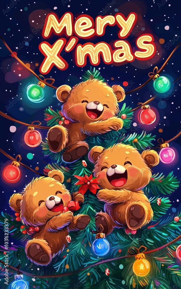 Fototapeta premium Three Bear Characters in a Christmas Tree