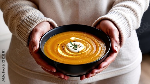 Close-up of a woman holding a wooden bowl with pumpkin soup and cream on top.