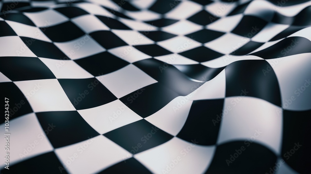 Obraz premium A wavy surface of black and white checkered pattern creates a dynamic visual effect.
