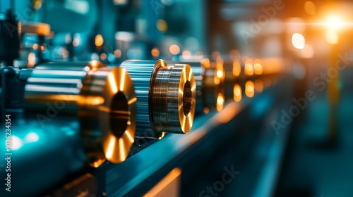Wallpaper Mural Close-up of plastic rolls with metallic highlights, aligned precisely in a row, modern factory backdrop, ultra-realistic textures, soft-focus background, detailed, HDR photography Torontodigital.ca
