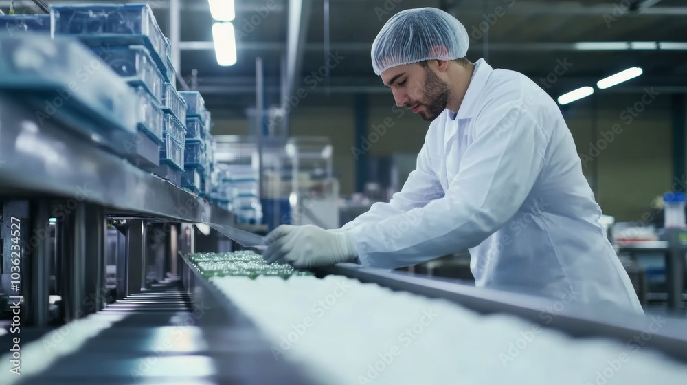 A food processing technician in a white coat and hairnet, inspecting conveyor belts with packaged goods and automated machinery, Food production scene A food processing technician in a white coat and hairnet, inspecting conveyor belts with packaged goods and automated machinery, Food production scene