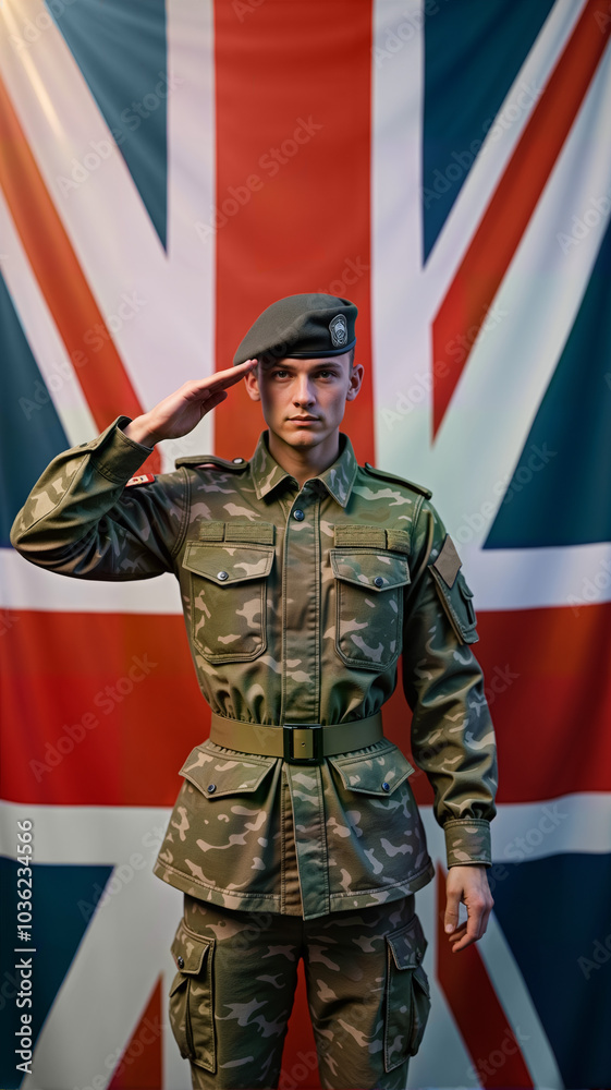 A young soldier in military uniform and a green beret salutes proudly against the backdrop of the Union Jack. For military-themed content, patriotism campaigns, or promotion of veteran events A young soldier in military uniform and a green beret salutes proudly against the backdrop of the Union Jack. For military-themed content, patriotism campaigns, or promotion of veteran events