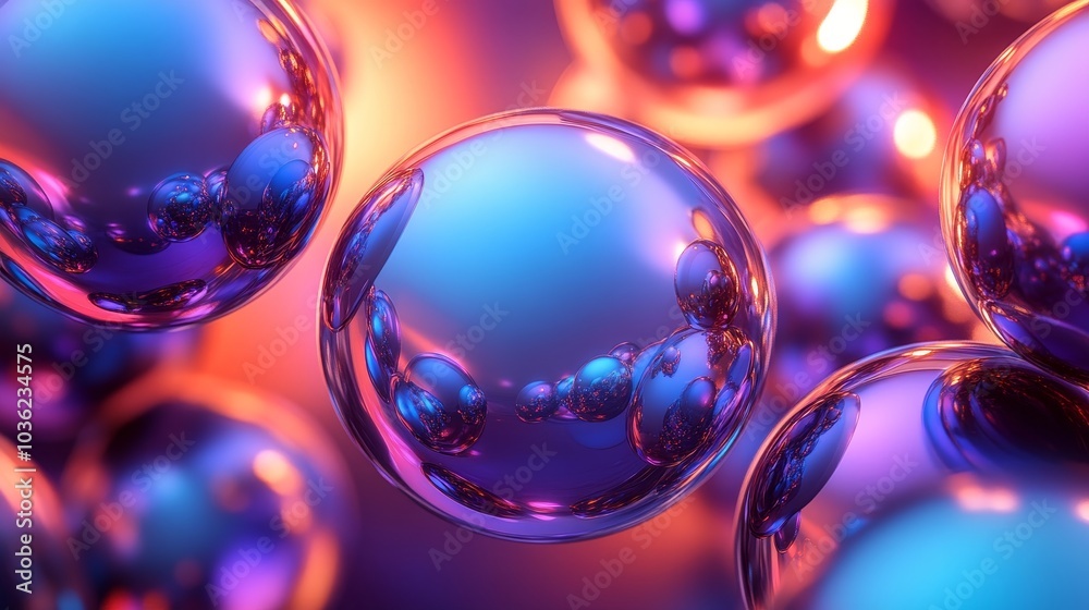 Cluster of reflective glass spheres, vivid metallic colors, in an abstract composition, captured under dynamic lighting, smooth surfaces with holographic reflections, 3D render Cluster of reflective glass spheres, vivid metallic colors, in an abstract composition, captured under dynamic lighting, smooth surfaces with holographic reflections, 3D render