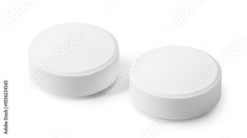 White medicine pill tablet on white background - a symbol of purity and healing. This pristine white pill on an equally white backdrop represents the potential for health and recovery