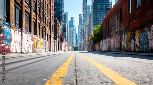 Street-level view of towering 1970s skyscrapers, vibrant graffiti art sprawling across urban walls, contrasting corporate concrete jungle with artistic rebellion