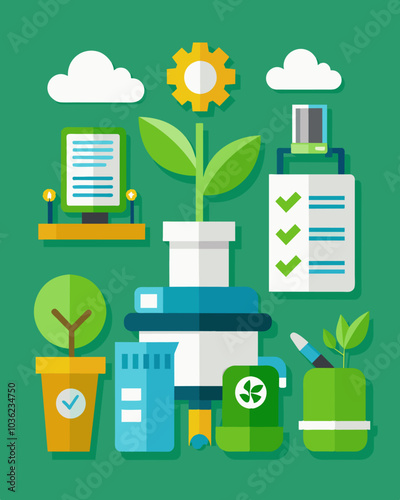 An office implements a green purchasing policy selecting office supplies and equipment with ecofriendly certifications.. Vector illustration